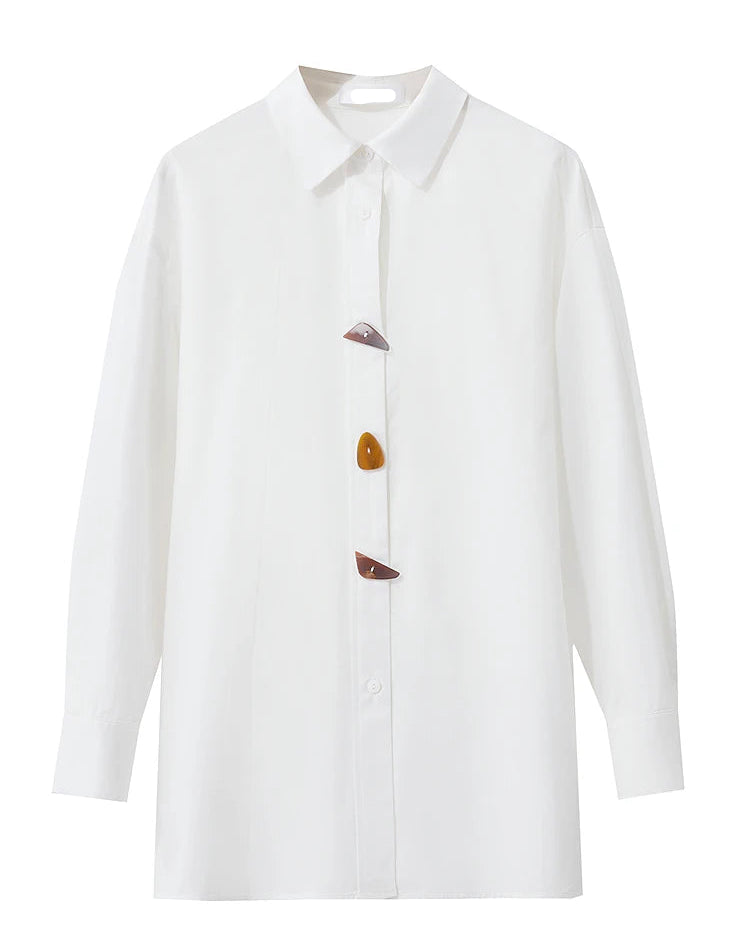 Simple Pure Cotton Long-Sleeved Button Pullover Shirt