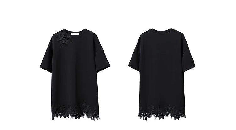 Round Neck Drop Shoulder Lace Long T-Shirt