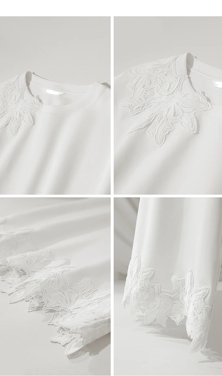Round Neck Drop Shoulder Lace Long T-Shirt