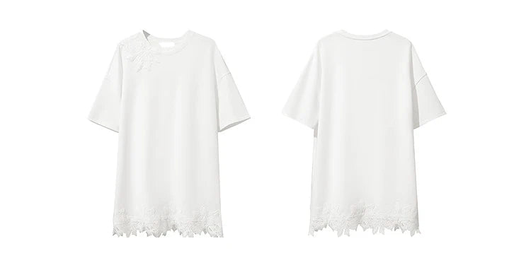 Round Neck Drop Shoulder Lace Long T-Shirt